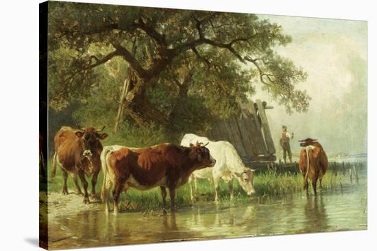 Cattle Watering in a River Landscape, 19th Century-Friedrich Voltz-Stretched Canvas