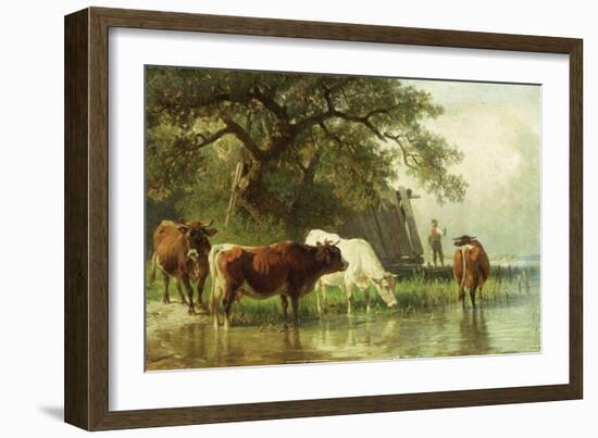 Cattle Watering in a River Landscape, 19th Century-Friedrich Voltz-Framed Giclee Print