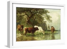 Cattle Watering in a River Landscape, 19th Century-Friedrich Voltz-Framed Giclee Print