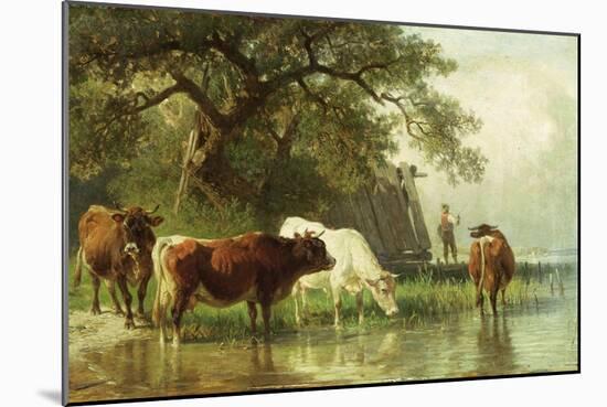 Cattle Watering in a River Landscape, 19th Century-Friedrich Voltz-Mounted Giclee Print