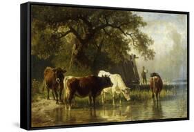 Cattle Watering in a River Landscape-Friedrich Johann Voltz-Framed Stretched Canvas