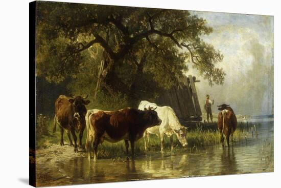 Cattle Watering in a River Landscape-Friedrich Johann Voltz-Stretched Canvas