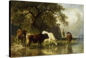 Cattle Watering in a River Landscape-Friedrich Johann Voltz-Stretched Canvas