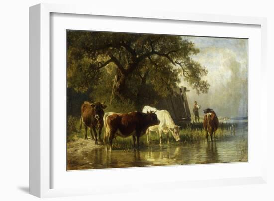 Cattle Watering in a River Landscape-Friedrich Johann Voltz-Framed Giclee Print