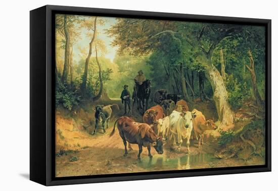 Cattle Watering in a Wooded Landscape-Friedrich Voltz-Framed Stretched Canvas