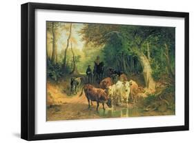 Cattle Watering in a Wooded Landscape-Friedrich Voltz-Framed Giclee Print