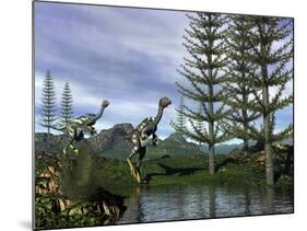 Caudipteryx Dinosaurs at the Water's Edge Next to Tempskya Trees-Stocktrek Images-Mounted Art Print