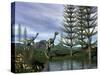 Caudipteryx Dinosaurs at the Water's Edge Next to Tempskya Trees-Stocktrek Images-Stretched Canvas