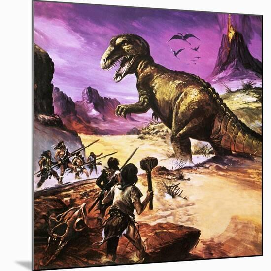Cavemen, Dinosaur and Volcano - for an Article About Special Effects-Gerry Wood-Mounted Giclee Print