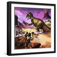 Cavemen, Dinosaur and Volcano - for an Article About Special Effects-Gerry Wood-Framed Giclee Print