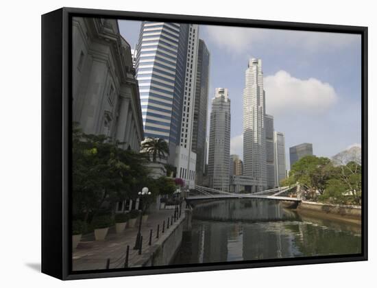 Cavenagh Bridge and the Singapore River Looking Towards the Financial District, Singapore-Amanda Hall-Framed Stretched Canvas