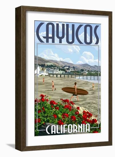 Cayucos, California - Beach and Pier Scene-Lantern Press-Framed Art Print