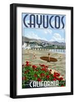 Cayucos, California - Beach and Pier Scene-Lantern Press-Framed Art Print