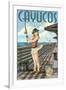 Cayucos, California - Pinup Girl Fishing-Lantern Press-Framed Art Print