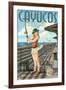 Cayucos, California - Pinup Girl Fishing-Lantern Press-Framed Art Print