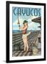 Cayucos, California - Pinup Girl Fishing-Lantern Press-Framed Art Print