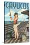 Cayucos, California - Pinup Girl Fishing-Lantern Press-Stretched Canvas