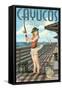 Cayucos, California - Pinup Girl Fishing-Lantern Press-Framed Stretched Canvas