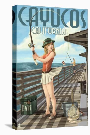 Cayucos, California - Pinup Girl Fishing-Lantern Press-Stretched Canvas