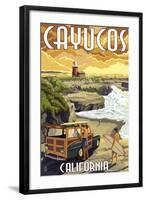 Cayucos, California - Woody and Lighthouse-Lantern Press-Framed Art Print