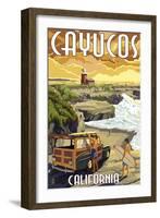 Cayucos, California - Woody and Lighthouse-Lantern Press-Framed Art Print