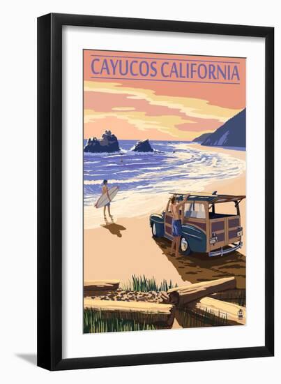 Cayucos, California - Woody on Beach-Lantern Press-Framed Art Print