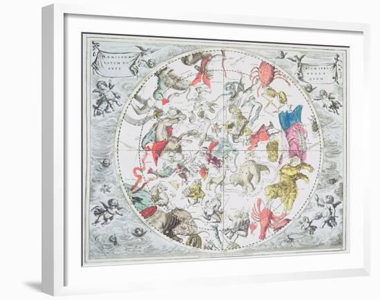 Celestial Planisphere Showing Zodiac Signs, from 'The Celestial Atlas, or The Harmony of Universe'-Andreas Cellarius-Framed Giclee Print