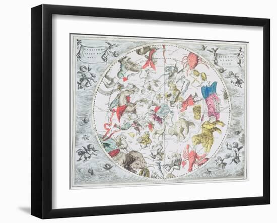 Celestial Planisphere Showing Zodiac Signs, from 'The Celestial Atlas, or The Harmony of Universe'-Andreas Cellarius-Framed Giclee Print