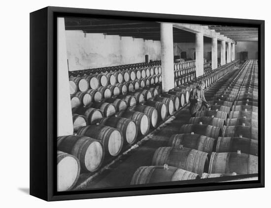 Cellar of Maturing Wines as Wine Maker Tests with Pipette-Carlo Bavagnoli-Framed Stretched Canvas