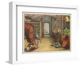 Cellar with Vegetables, Wine Racks and Beer Barrel-null-Framed Art Print