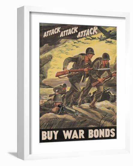 Center Warshaw Collection, Treasury Poster. ATTACK ATTACK ATTACK! BUY WAR BONDS.-null-Framed Art Print