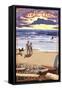 Central Coast, California - Beach Scene and Surfers-Lantern Press-Framed Stretched Canvas