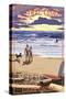 Central Coast, California - Beach Scene and Surfers-Lantern Press-Stretched Canvas
