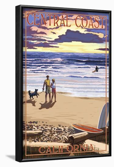 Central Coast, California - Beach Scene and Surfers-Lantern Press-Framed Art Print