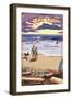 Central Coast, California - Beach Scene and Surfers-Lantern Press-Framed Art Print