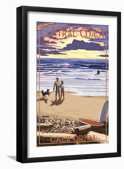 Central Coast, California - Beach Scene and Surfers-Lantern Press-Framed Art Print