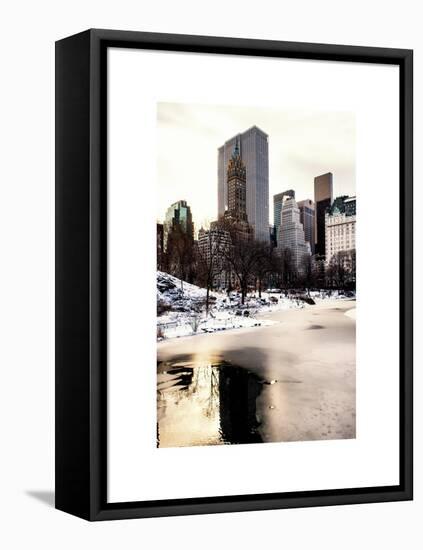 Central Park Snow at Sunset with the Frozen Pond Lake-Philippe Hugonnard-Framed Stretched Canvas