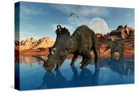 Centrosaurus Dinosaurs Grazing at a Watering Place-null-Stretched Canvas