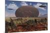 Centrosaurus Dinosaurs Walk Past a Ufo Stuck in the Ground-null-Mounted Art Print