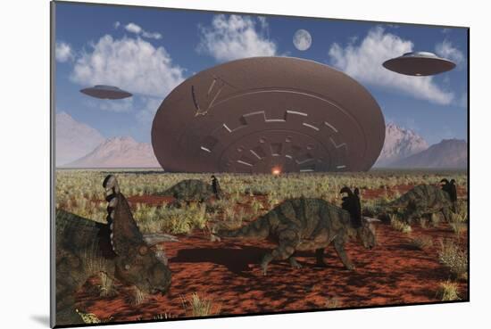 Centrosaurus Dinosaurs Walk Past a Ufo Stuck in the Ground-null-Mounted Premium Giclee Print