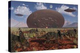 Centrosaurus Dinosaurs Walk Past a Ufo Stuck in the Ground-null-Stretched Canvas