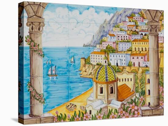 Ceramic Shop with Positano View Done in Tile, Positano, Amalfi, Campania, Italy-Walter Bibikow-Stretched Canvas