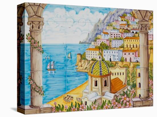 Ceramic Shop with Positano View Done in Tile, Positano, Amalfi, Campania, Italy-Walter Bibikow-Stretched Canvas