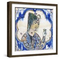 Ceramic Tile Depicting Young Woman Holding Vase, Persian Civilization, 17th Century-null-Framed Giclee Print