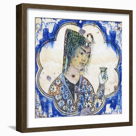 Ceramic Tile Depicting Young Woman Holding Vase, Persian Civilization, 17th Century-null-Framed Giclee Print