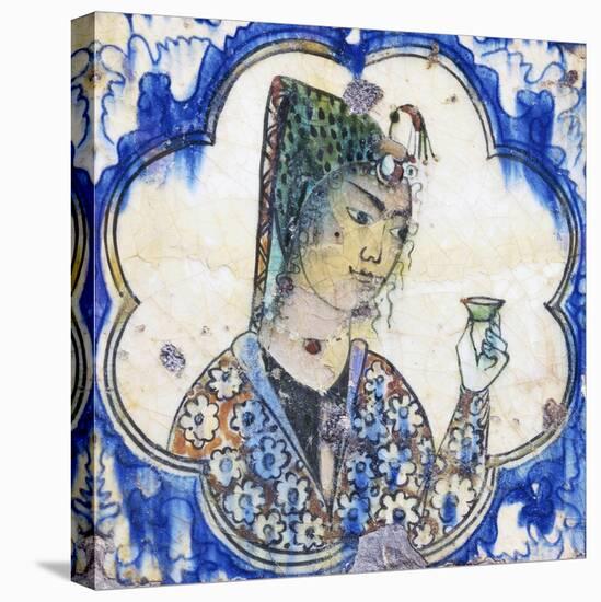 Ceramic Tile Depicting Young Woman Holding Vase, Persian Civilization, 17th Century-null-Stretched Canvas