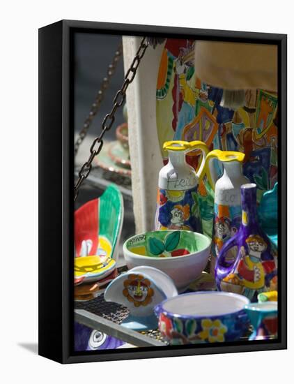 Ceramic Wares For Sale, Taormina, Sicily, Italy-Walter Bibikow-Framed Stretched Canvas