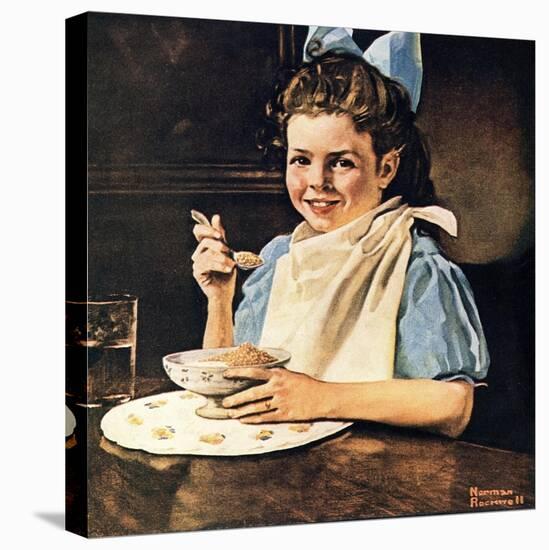 Cereal Bowl (or Girl with Blue Bow Eating Cereal)-Norman Rockwell-Stretched Canvas