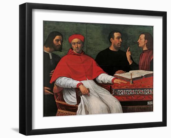 Cesare Borgia & Niccolo Machiavelli talking to Cardinal Pedro Loys Borgia and his secretary,16th c.-null-Framed Art Print