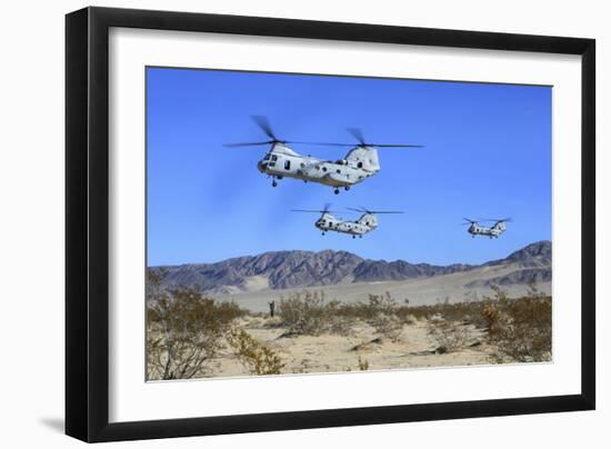 Ch-46E Sea Knight Transport Helicopters Fly over Camp Wilson-null-Framed Photographic Print